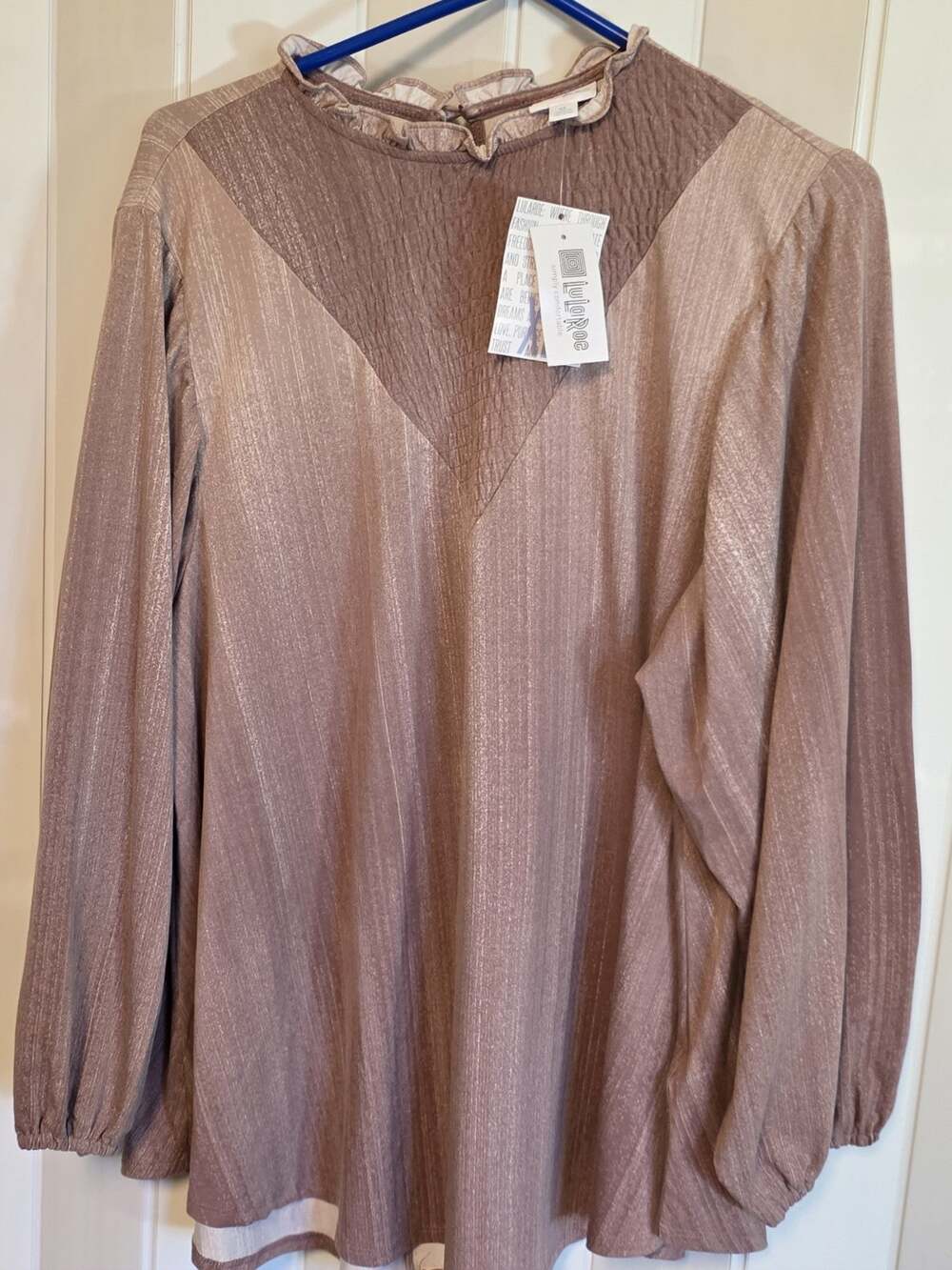 LuLaRoe Women’s XL Brown Solid Mock Neck Long Puff Sleeve Ruffle Chiffon Blouse